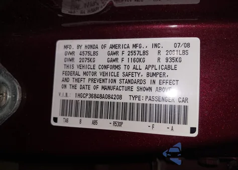 2008 Honda Accord 3.5 Ex-L from USA, damaged, VIN 1HGCP36848A084208